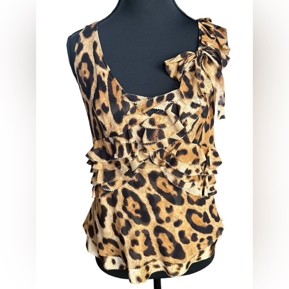 Escada Asymmetrical Ruffle Animal Print Dress Tank w/ Bow Detail Size
